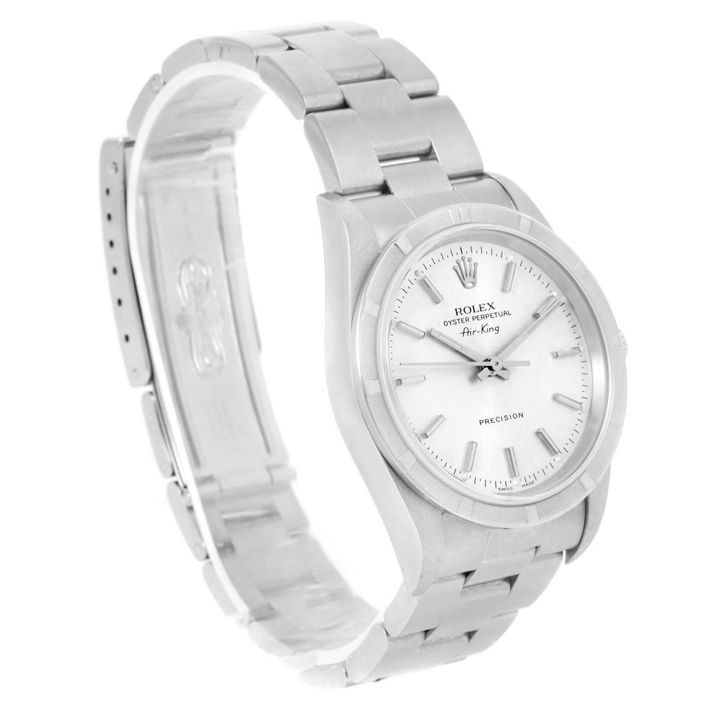 The image displays a Rolex Air-King 14010 Men's Stainless Steel Silver Dial 14010 Men's Stainless Steel Silver Dial watch at a three-quarters angle, showcasing the face, bezel, and part of the bracelet.