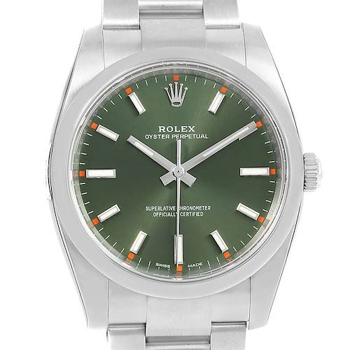 The image shows a front view of the Rolex Air-King 114200 Men's Stainless Steel Green Dial 114200 Men's Stainless Steel Green Dial watch, highlighting its green dial and stainless steel bracelet.