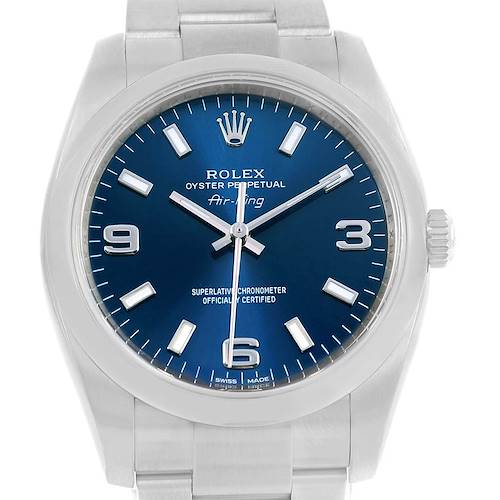 This image shows a front view of a Rolex Air-King 114200 Men's Stainless Steel Blue Dial 114200 Men's Stainless Steel Blue Dial, highlighting its blue dial, hour markers, and bracelet.