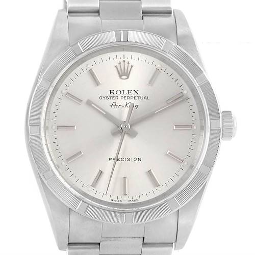 The image shows a front view of a Rolex Air-King 14010 Men's Stainless Steel Silver Dial 14010 Men's Stainless Steel Silver Dial watch, highlighting the dial, bezel, and part of the bracelet.