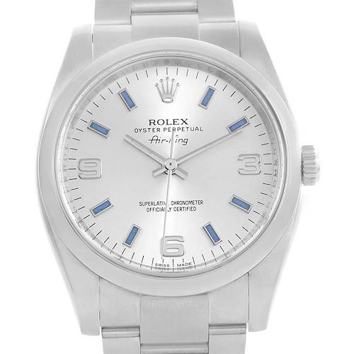 The watch, a Rolex Air-King 114200 Men's Stainless Steel Silver Dial 114200 Men's Stainless Steel Silver Dial model, is shown from the front, displaying its dial, hands, and part of the bracelet and crown.