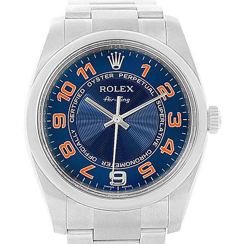 The Rolex Air-King 114200 Men's Stainless Steel Blue Dial 114200 Men's Stainless Steel Blue Dial watch is shown from the frontal view, highlighting its blue dial, orange numerals, and stainless steel bracelet.
