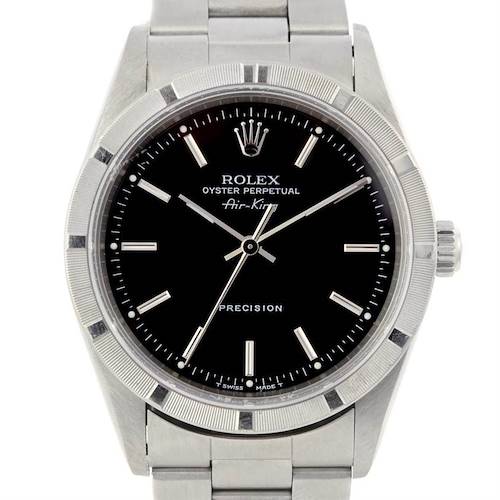 The image shows a front view of the Rolex Air-King 14010 Men's Stainless Steel Black Dial 14010 Men's Stainless Steel Black Dial watch, highlighting the black dial, silver hour markers, and metal bracelet.