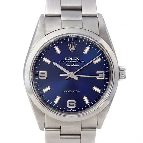The image shows a frontal view of a Rolex Air-King 14000 Men's Stainless Steel Blue Dial 14000 Men's Stainless Steel Blue Dial watch, highlighting the dial, case, bezel, and part of the bracelet.