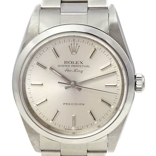 The image displays the Rolex Air-King 14000M Men's Stainless Steel Silver Dial 14000M Men's Stainless Steel Silver Dial watch from a front angle, showcasing the dial, hands, crown, and part of the bracelet.