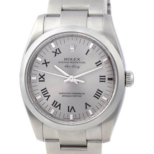 The image shows a front view of a Rolex Air-King 114200 Men's Stainless Steel Silver Dial 114200 Men's Stainless Steel Silver Dial watch, highlighting the dial, crown, and part of the bracelet.