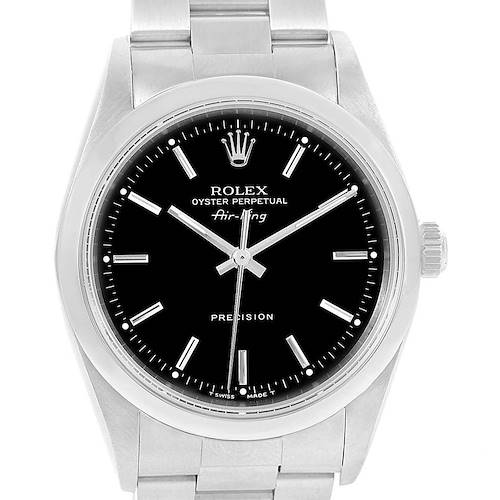 The image shows a front view of the Rolex Air-King 14000 Men's Stainless Steel Black Dial 14000 Men's Stainless Steel Black Dial watch, displaying the dial, crown, and part of the stainless steel bracelet.