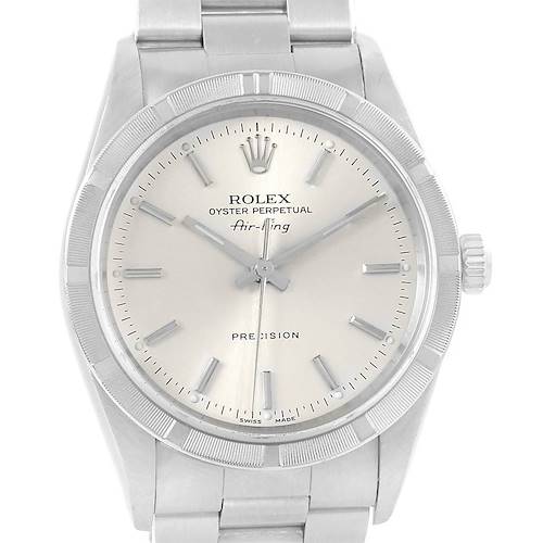 The image shows a Rolex Air-King 14010 Men's Stainless Steel Silver Dial 14010 Men's Stainless Steel Silver Dial watch from the front, highlighting the dial, bezel, hands, and part of the bracelet.