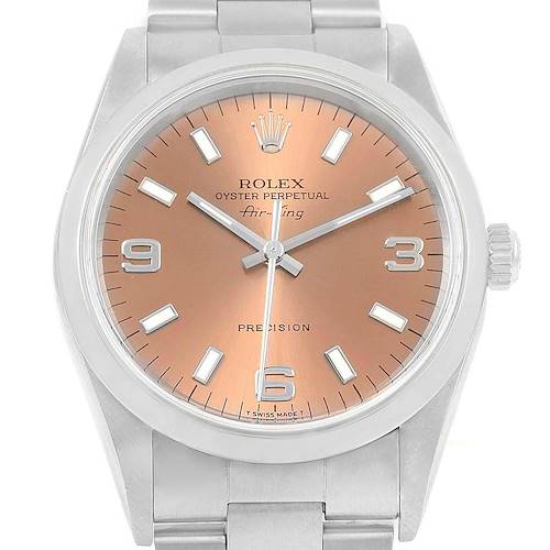 The image shows a front view of a Rolex Air-King 14000 Men's Stainless Steel Pink Dial 14000 Men's Stainless Steel Pink Dial watch featuring its dial, hour markers, hands, and stainless steel bracelet.