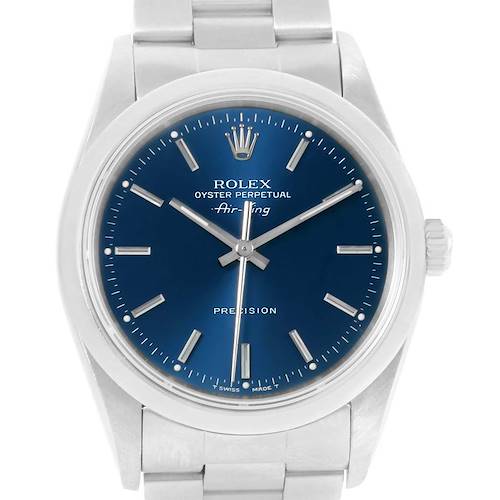 The image shows a front view of the Rolex Air-King 14000 Men's Stainless Steel Blue Dial 14000 Men's Stainless Steel Blue Dial watch, highlighting its dial, hands, and part of the bracelet.