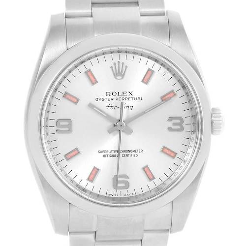 The image shows a front view of the Rolex Air-King 114200 Stainless Steel Silver Dial 114200 Stainless Steel Silver Dial watch, displaying the face, bezel, crown, and part of the bracelet.