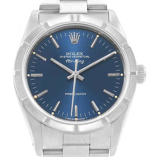 The image shows a front view of a Rolex Air-King 14010 Men's Stainless Steel Blue Dial 14010 Men's Stainless Steel Blue Dial watch, showcasing its dial, hands, crown, and bracelet.