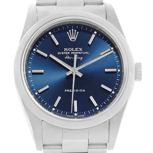 This image shows a front close-up of a Rolex Air-King 14000 Men's Stainless Steel Blue Dial 14000 Men's Stainless Steel Blue Dial watch, featuring the dial, hour markers, hands, and crown.