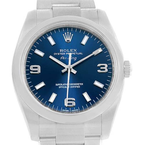 The image shows a frontal view of the Rolex Air-King 114200 Men's Stainless Steel Blue Dial 114200 Men's Stainless Steel Blue Dial watch, highlighting its blue dial, crown, and metal bracelet.