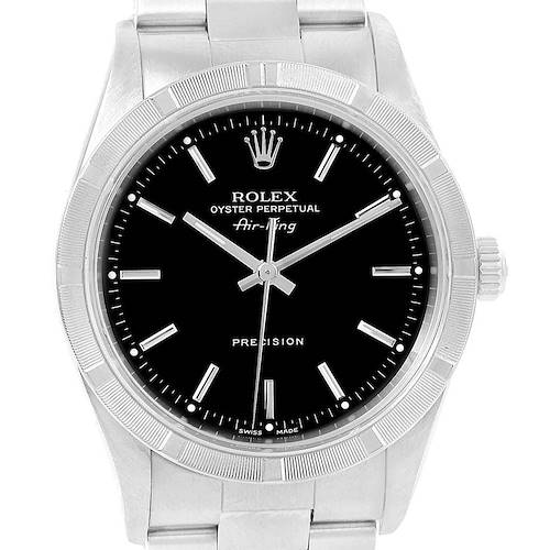 The image shows a frontal view of a Rolex Air-King 14010 Men's Stainless Steel Black Dial 14010 Men's Stainless Steel Black Dial watch, highlighting the dial, bezel, and part of the bracelet.
