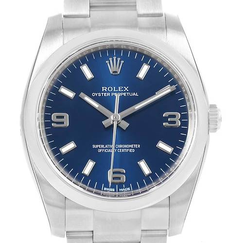This image shows a front view of the Rolex Air-King 114200 Men's Stainless Steel Blue Dial 114200 Men's Stainless Steel Blue Dial watch, displaying the face, hands, bezel, and part of the bracelet.