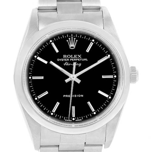 This is a front view of the Rolex Air-King 14000 Men's Stainless Steel Black Dial 14000 Men's Stainless Steel Black Dial watch, showing the dial, hands, case, and part of the bracelet.