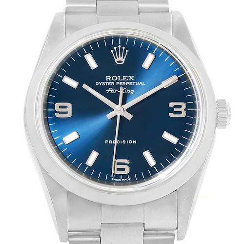 The image shows a front view of the Rolex Air-King 14000 Men's Stainless Steel Blue Dial 14000 Men's Stainless Steel Blue Dial watch, highlighting its blue dial, stainless steel case, and bracelet.