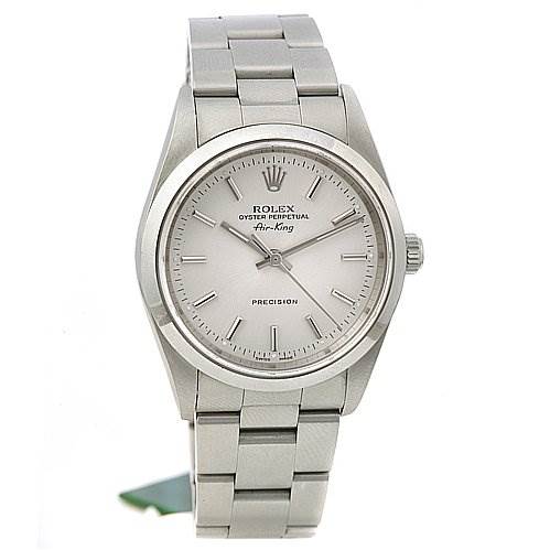 The image shows a front view of the Rolex Air-King 1400 Men's Stainless Steel Silver Dial 1400 Men's Stainless Steel Silver Dial watch, highlighting the watch face, hour markers, hands, and stainless steel bracelet.