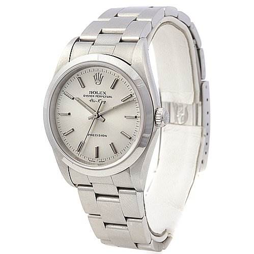 The image shows a front-angle view of the Rolex Air-King 1400 Men's Stainless Steel Silver Dial 1400 Men's Stainless Steel Silver Dial watch, highlighting the dial, bezel, case, and bracelet.