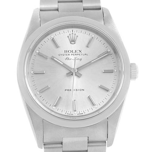 The image shows a front view of the Rolex Air-King Men's Stainless Steel Silver Dial Men's Stainless Steel Silver Dial watch, highlighting the dial, markers, and bracelet.