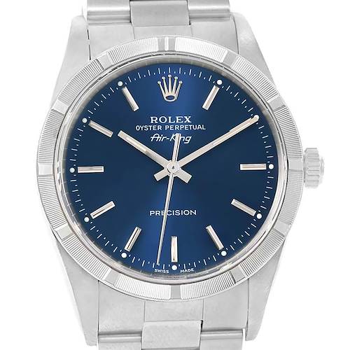 The image shows a front view of the Rolex Air-King 14010 Men's Stainless Steel Blue Dial 14010 Men's Stainless Steel Blue Dial watch, highlighting its blue dial, silver indices, and stainless steel bracelet.