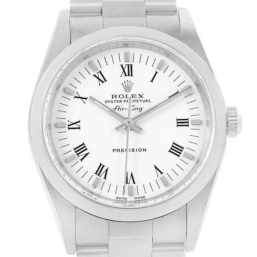 The image shows the face and upper part of the band of a Rolex Air-King 14000 Men's Stainless Steel White Dial 14000 Men's Stainless Steel White Dial watch from a straight-on angle.
