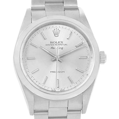 The image shows a frontal view of the Rolex Air-King 14000 Men's Stainless Steel Silver Dial 14000 Men's Stainless Steel Silver Dial watch, displaying the face, bezel, crown, and part of the bracelet.