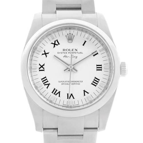 The image shows a front view of a Rolex Air-King 114200 Men's Stainless Steel White Dial 114200 Men's Stainless Steel White Dial watch, displaying the dial, hour markers, and bracelet.