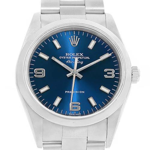 The image shows a front view of the Rolex Air-King 14000 Men's Stainless Steel Blue Dial 14000 Men's Stainless Steel Blue Dial watch, displaying its blue dial, hour markers, hands, and part of the bracelet.