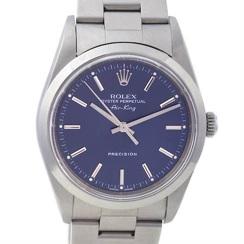 The image shows a front view of a Rolex Air-King 14000M Men's Stainless Steel Blue Dial 14000M Men's Stainless Steel Blue Dial watch, highlighting its dial, hands, and part of the bracelet.