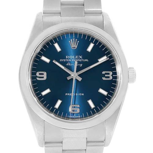 The image shows a front view of a Rolex Air-King 14000 Men's Stainless Steel Blue Dial 14000 Men's Stainless Steel Blue Dial watch, displaying its dial, hands, crown, and part of the bracelet.
