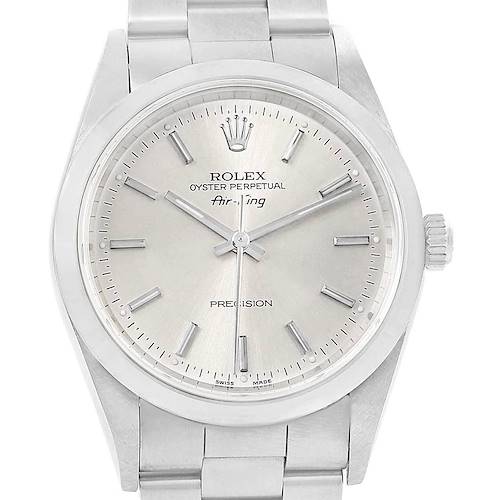 The image shows a front view of a Rolex Air-King 14000 Men's Stainless Steel Silver Dial 14000 Men's Stainless Steel Silver Dial watch, displaying its dial, crown, and part of the bracelet.