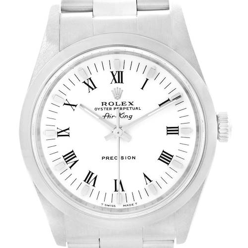 The image shows a front view of the Rolex Air-King 14000 Men's Stainless Steel White Dial 14000 Men's Stainless Steel White Dial watch, highlighting the dial, bezel, crown, and part of the bracelet.