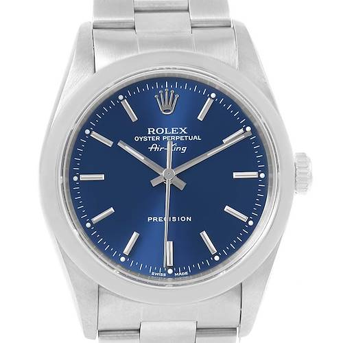 The image shows a front view of a Rolex Air-King 14000 Men's Stainless Steel Blue Dial 14000 Men's Stainless Steel Blue Dial watch displaying the face, bezel, crown, and part of the bracelet.