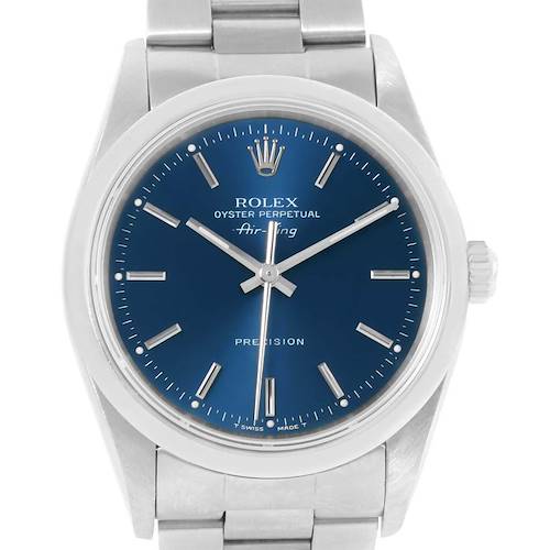 This is a front view of a Rolex Air-King 19794 Men's Stainless Steel Blue Dial 19794 Men's Stainless Steel Blue Dial watch showing the dial, hands, crown, and part of the bracelet.