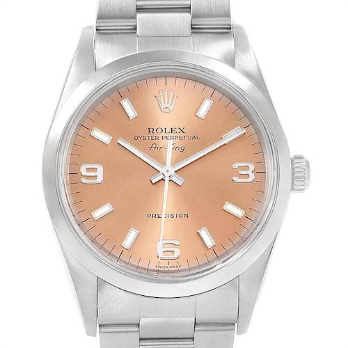The image shows a front view of a Rolex Air-King 14000 Men's Stainless Steel Pink Dial 14000 Men's Stainless Steel Pink Dial watch, displaying its dial, hands, and part of the bracelet.