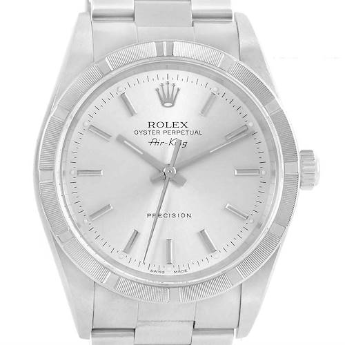 The image shows a front view of a Rolex Air-King 14010 Men's Stainless Steel Silver Dial 14010 Men's Stainless Steel Silver Dial watch, featuring its dial, bezel, crown, and part of the bracelet.