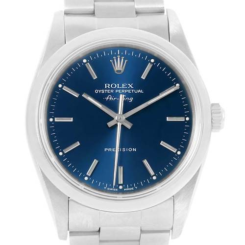 This image shows a frontal view of the Rolex Air-King 14000 Men's Stainless Steel Blue Dial 14000 Men's Stainless Steel Blue Dial watch, featuring a blue dial, silver hands, and a stainless steel bracelet.