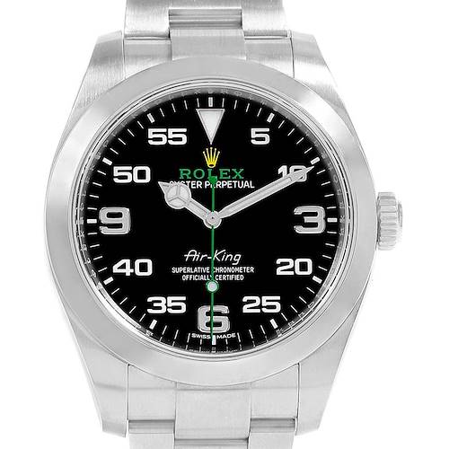 The image shows a front view of a Rolex Air-King 116900 Men's Stainless Steel Black Dial 116900 Men's Stainless Steel Black Dial watch, displaying its black dial, hands, and hour markers, with part of the bracelet visible.