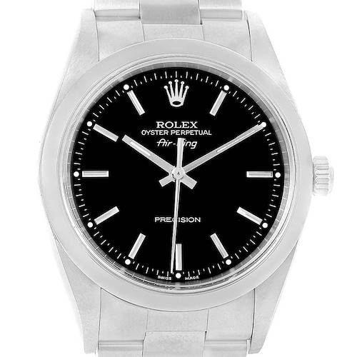 The image shows a Rolex Air-King 14000 Men's Stainless Steel Black Dial 14000 Men's Stainless Steel Black Dial model watch from a front-facing angle, detailing the dial, hands, bezel, and part of the bracelet.