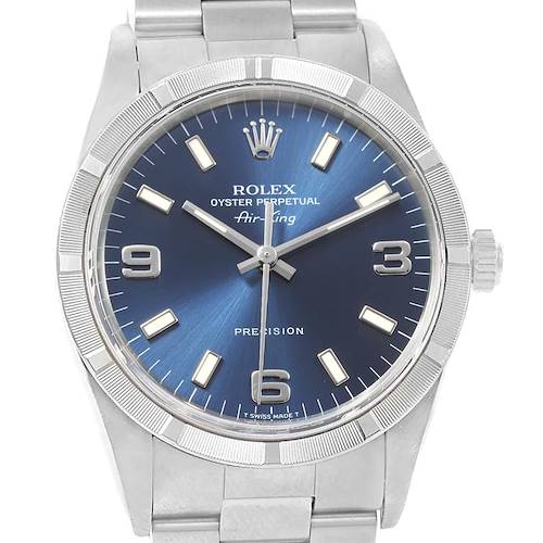 The image shows a close-up, front view of the Rolex Air-King 14010 Men's Stainless Steel Blue Dial 14010 Men's Stainless Steel Blue Dial watch, highlighting its blue dial and silver bracelet.