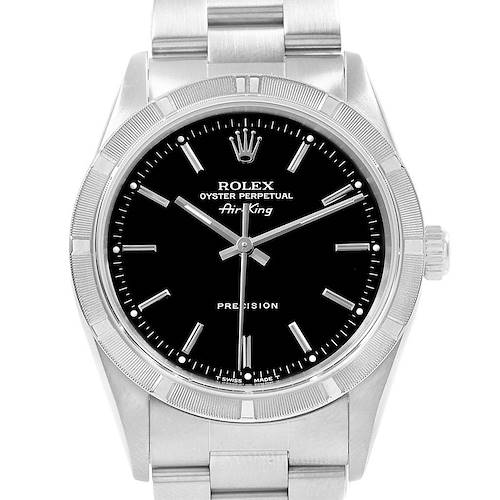 This image shows a Rolex Air-King 14010 Men's Stainless Steel Black Dial 14010 Men's Stainless Steel Black Dial watch from a front angle, displaying its face, bezel, and part of its bracelet.
