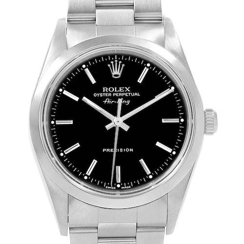 The image shows a front view of a Rolex Air-King 19798 Men's Stainless Steel Black Dial 19798 Men's Stainless Steel Black Dial watch, displaying the dial, hands, and part of the bracelet.