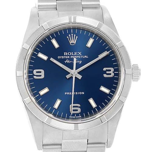 The image shows a front view of the Rolex Air-King 14010 Men's Stainless Steel Blue Dial 14010 Men's Stainless Steel Blue Dial watch, highlighting its blue dial, silver hour markers, and stainless steel bracelet.