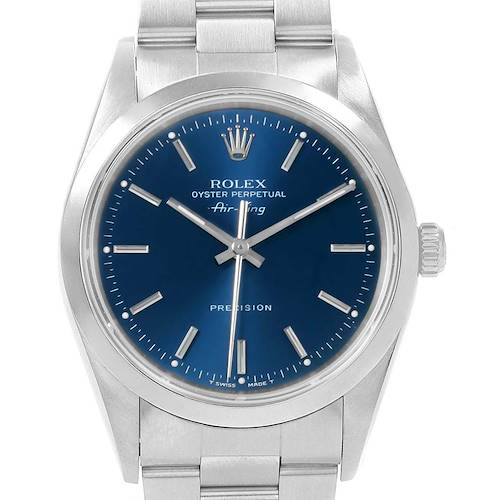 The image shows a front view of the Rolex Air-King 14000 Men's Stainless Steel Blue Dial 14000 Men's Stainless Steel Blue Dial watch, displaying its blue dial, hour markers, hands, crown, and bracelet.