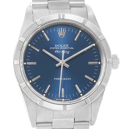 This image shows a frontal view of a Rolex Air-King 14010 Men's Stainless Steel Blue Dial 14010 Men's Stainless Steel Blue Dial watch, highlighting the blue dial, markers, and the crown logo.