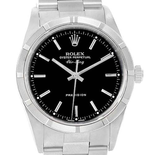 The image shows a front view of a Rolex Air-King 14010 Men's Stainless Steel Black Dial 14010 Men's Stainless Steel Black Dial watch, highlighting its black dial, silver markers, and metal strap.