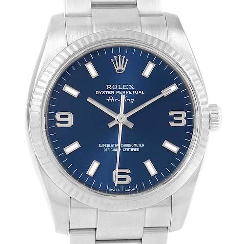 The image shows a front view of a Rolex Air-King 114234 Men's Stainless Steel Blue Dial 114234 Men's Stainless Steel Blue Dial watch, highlighting its blue dial, hour markers, and bracelet.