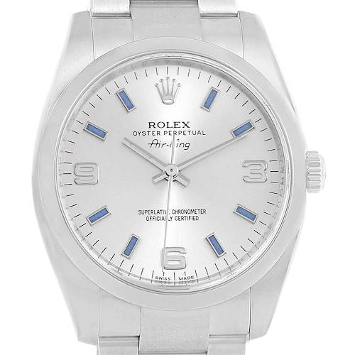 The image shows a front view of a Rolex Air-King 114200 Men's Stainless Steel Silver Dial 114200 Men's Stainless Steel Silver Dial watch, displaying the dial, hands, crown, and part of the bracelet.